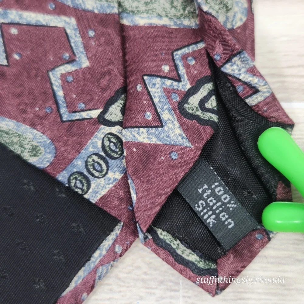 Villa Bugatti Abstract Red Burgundy, Gray, Black & Green 100% Italian Silk Tie